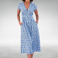 Damen Blumenmuster V-ausschnitt Midi Sommerkleid
