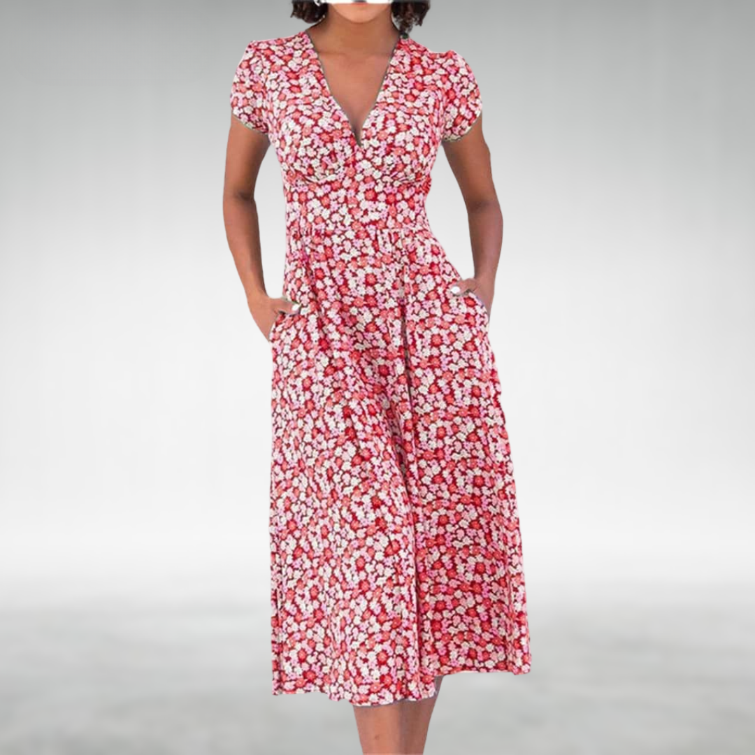 Damen Blumenmuster V-ausschnitt Midi Sommerkleid