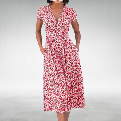 Damen Blumenmuster V-ausschnitt Midi Sommerkleid