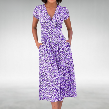 Damen Blumenmuster V-ausschnitt Midi Sommerkleid