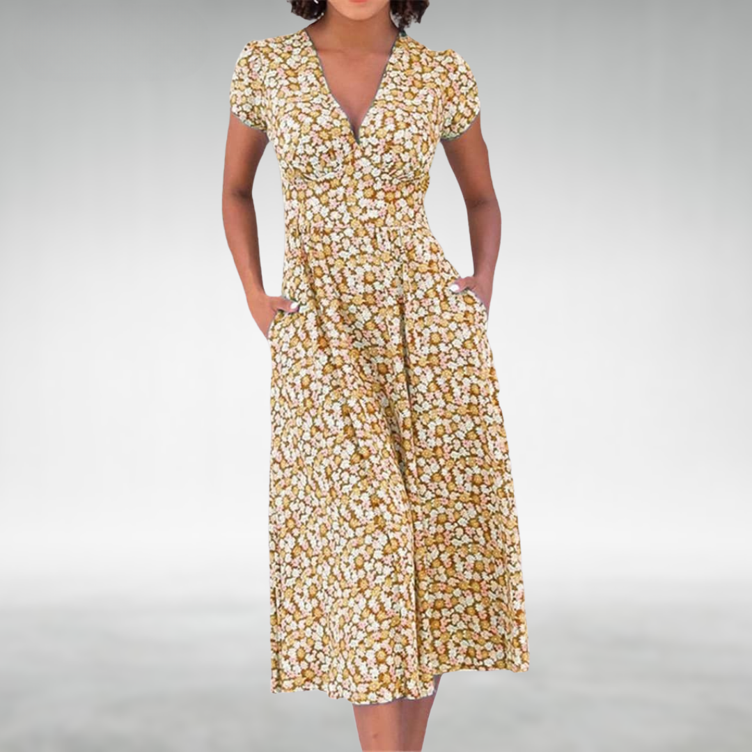Damen Blumenmuster V-ausschnitt Midi Sommerkleid