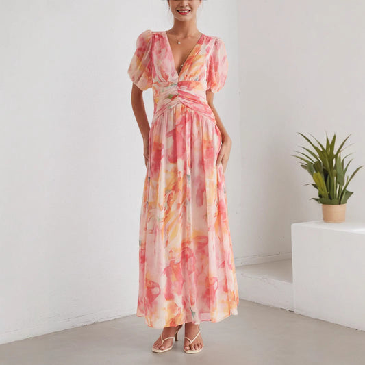 Damen Hochzeitsgast Wickel Maxikleid mit Puffärmeln