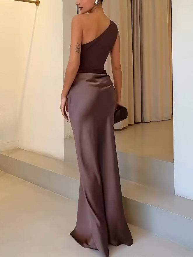 Damen Elegantes One-Shoulder Hochzeitsgast Maxikleid