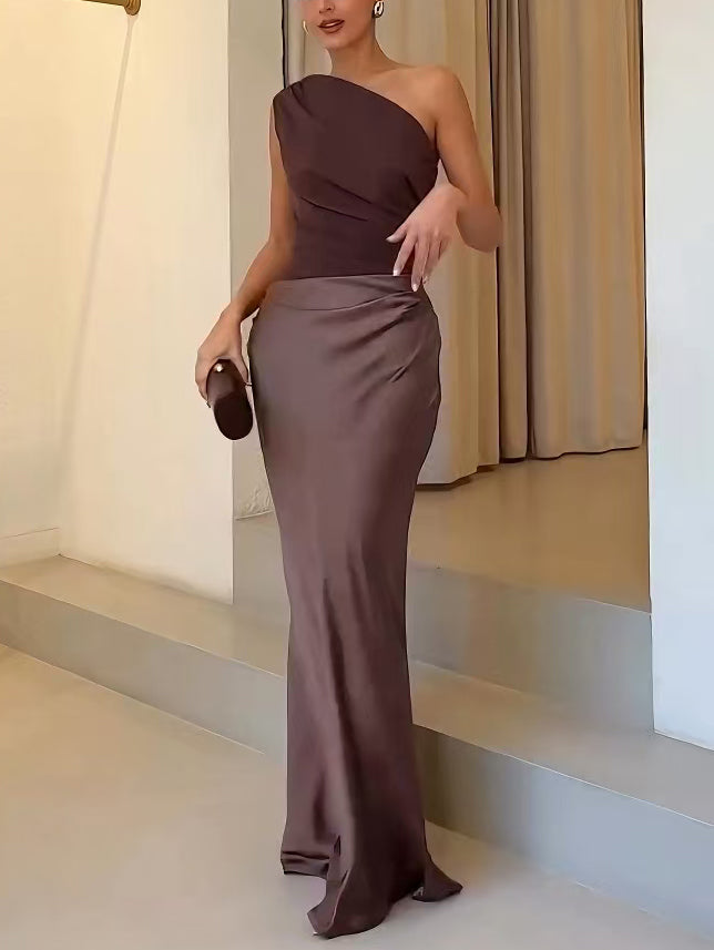Damen Elegantes One-Shoulder Hochzeitsgast Maxikleid