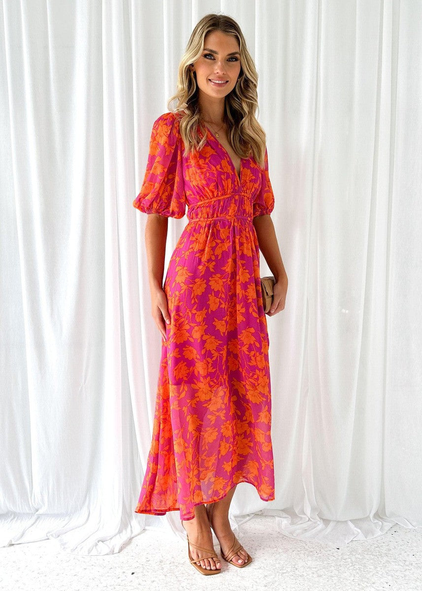 Damen Lässig V-Ausschnitt Blumenmuster Midikleid