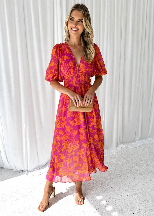 Damen Lässig V-Ausschnitt Blumenmuster Midikleid