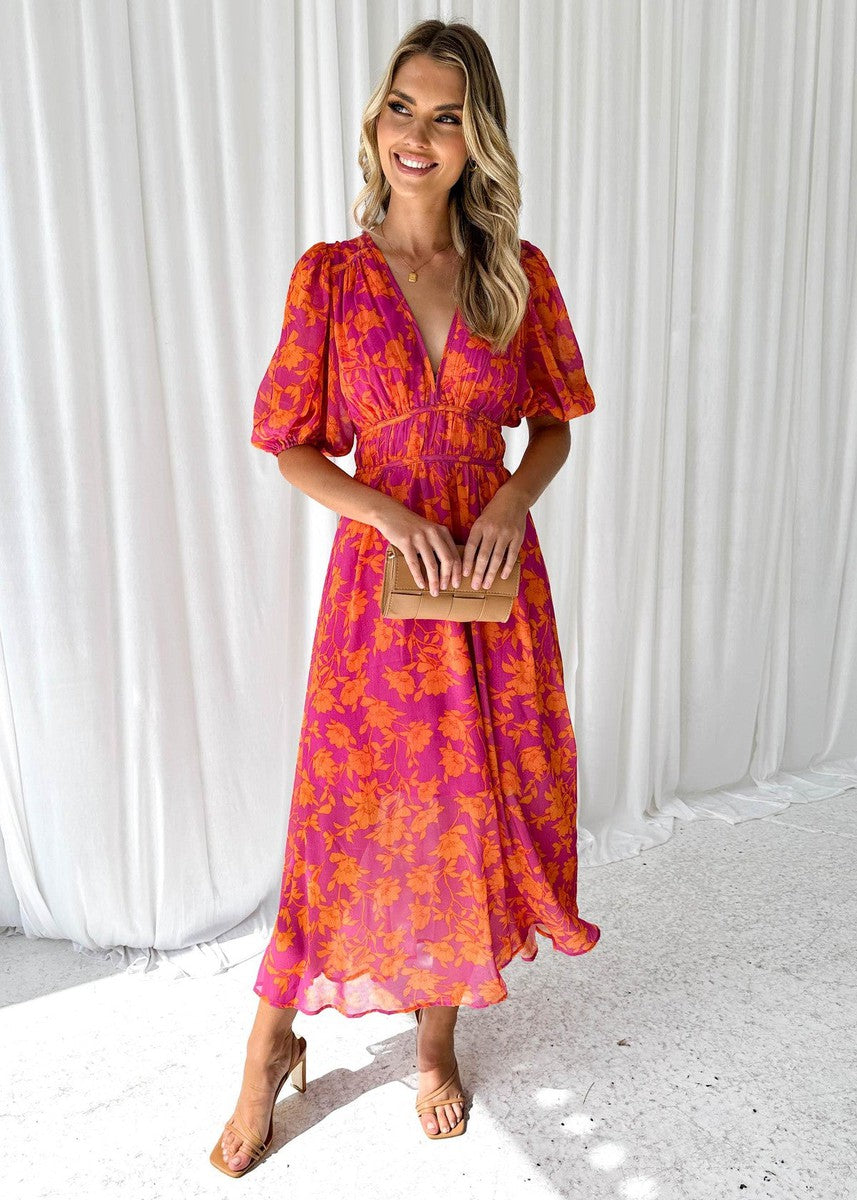 Damen Lässig V-Ausschnitt Blumenmuster Midikleid