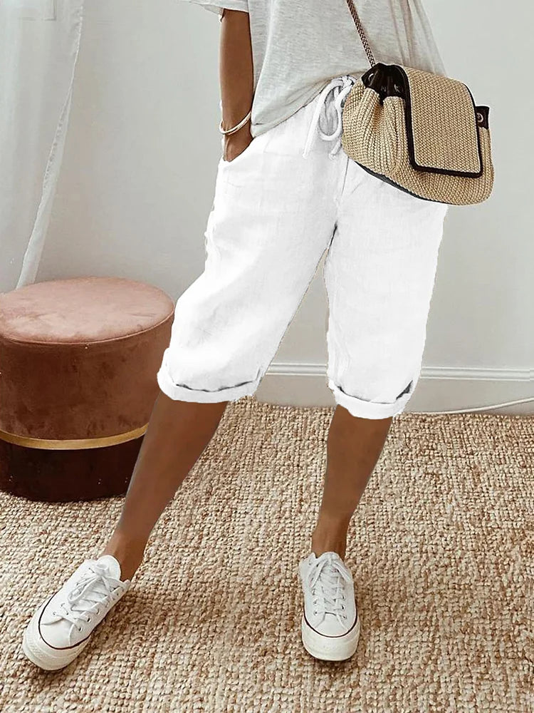 Damen Knielang Leichte Leinen Sommer Shorts