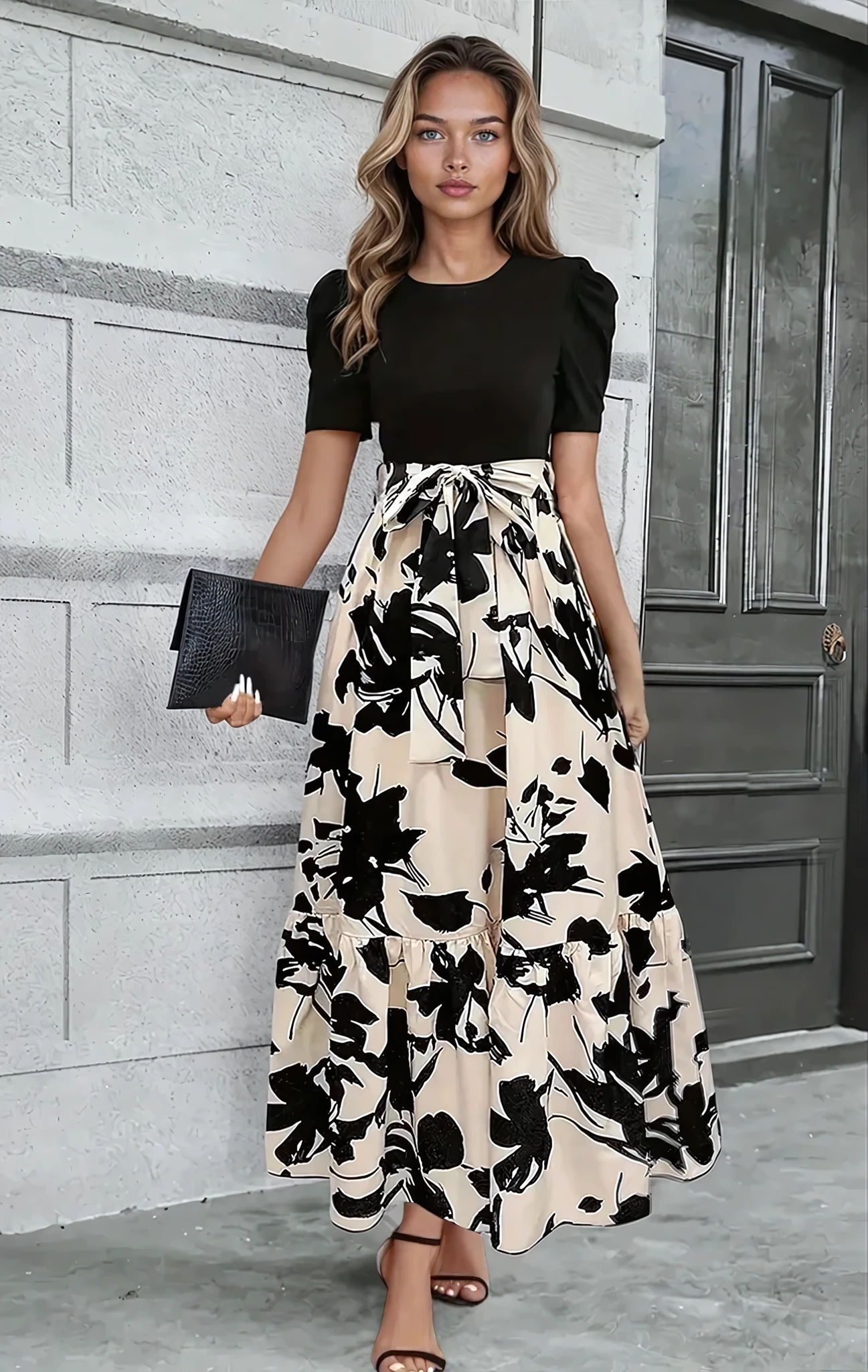 Damen Elegantes Taillenbindung Maxikleid