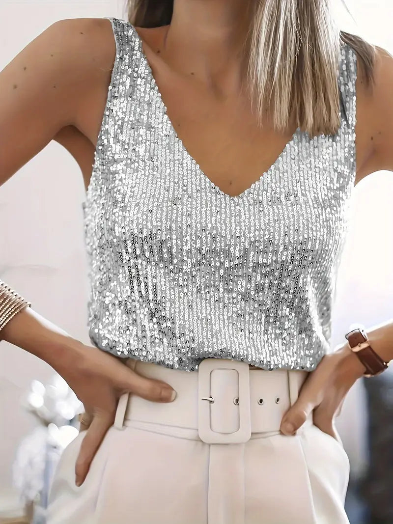 Damen Glitzer V-Ausschnitt Top