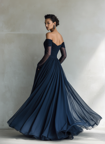 Nina | Damen Elegantes Chiffon Schulterfreies Maxikleid