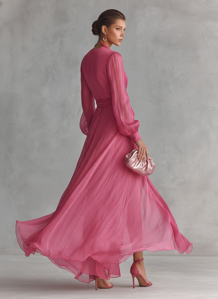 Marie | Damen Elegantes Rosa Wickel Langarmkleid mit V-Ausschnitt