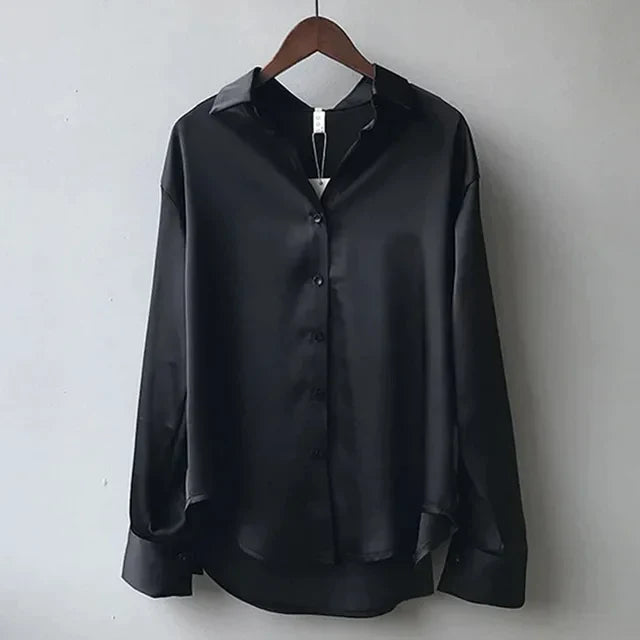 Damen Kragen Knopfleiste Satin Bluse