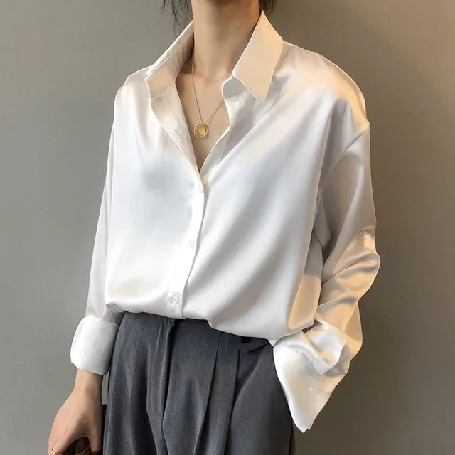 Damen Kragen Knopfleiste Satin Bluse