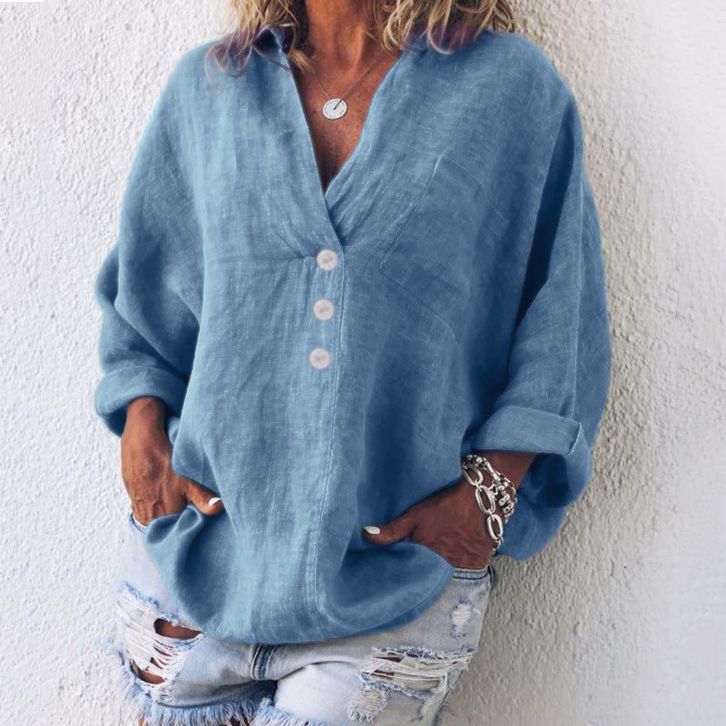 Damen Sommer Knopf V-Ausschnitt Leinen Bluse