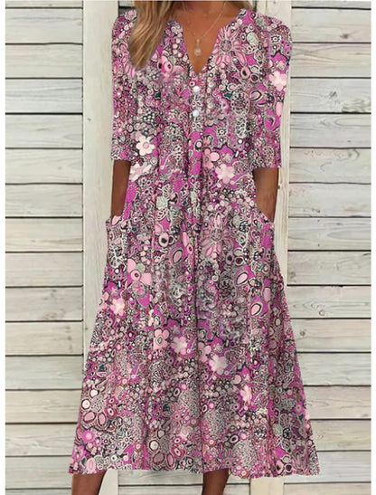 Damen V-Ausschnitt Blumig Sommer Midikleid
