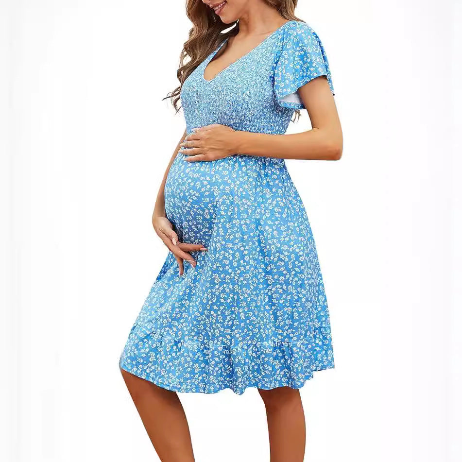 Damen Umstandskleid Empire-Taille Frühling Midi Kleid