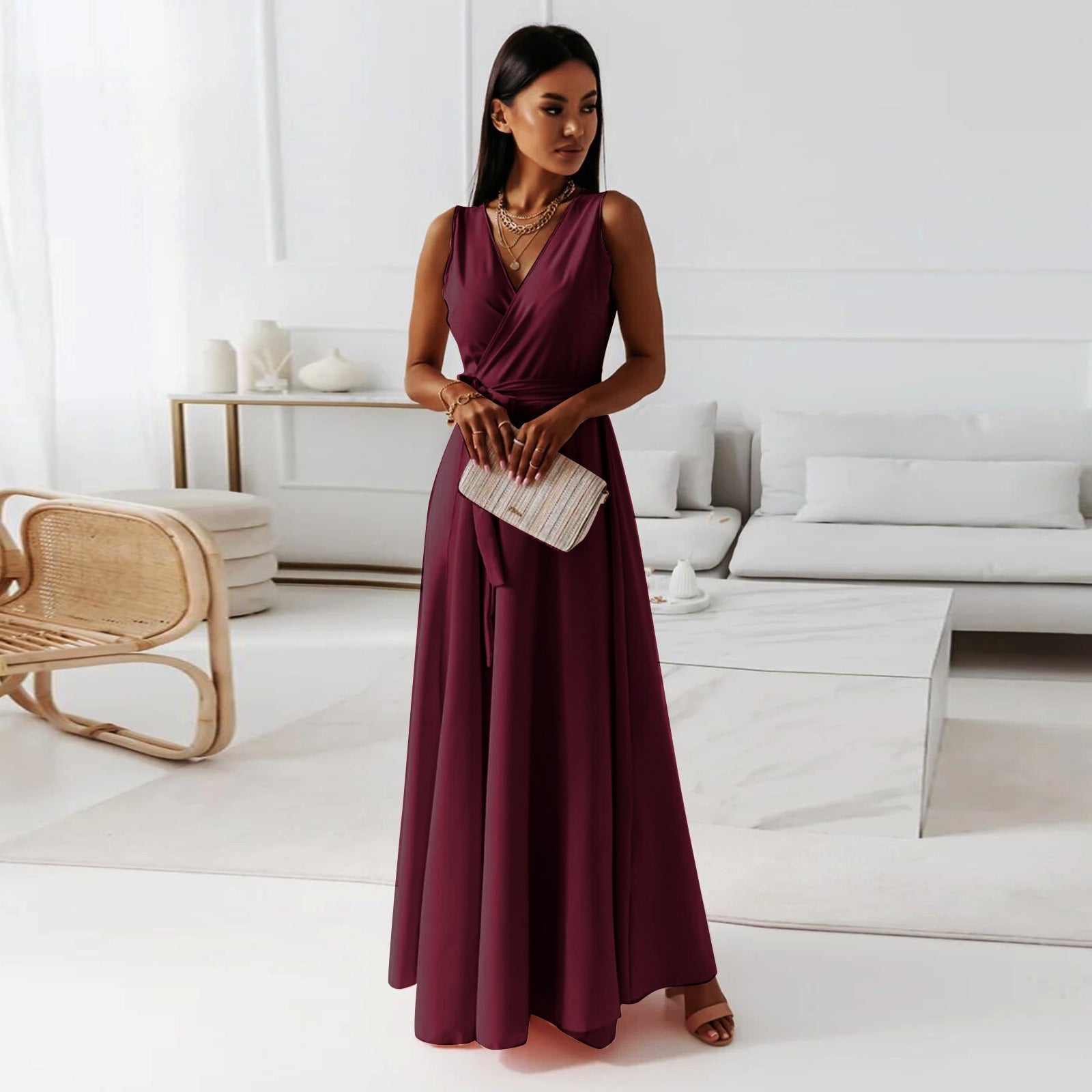 Damen Sommer Wickel Hochzeitsgast Maxikleid