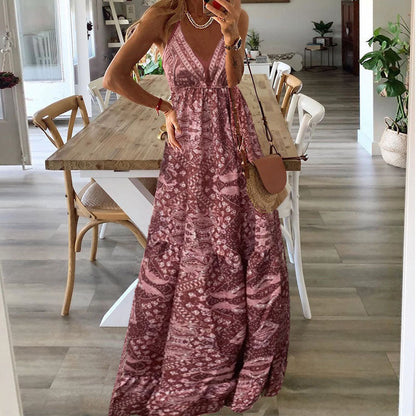 Damen Boho V-Ausschnitt Fließendes Maxi Kleid