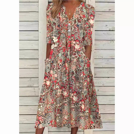 Damen V-Ausschnitt Blumig Sommer Midikleid
