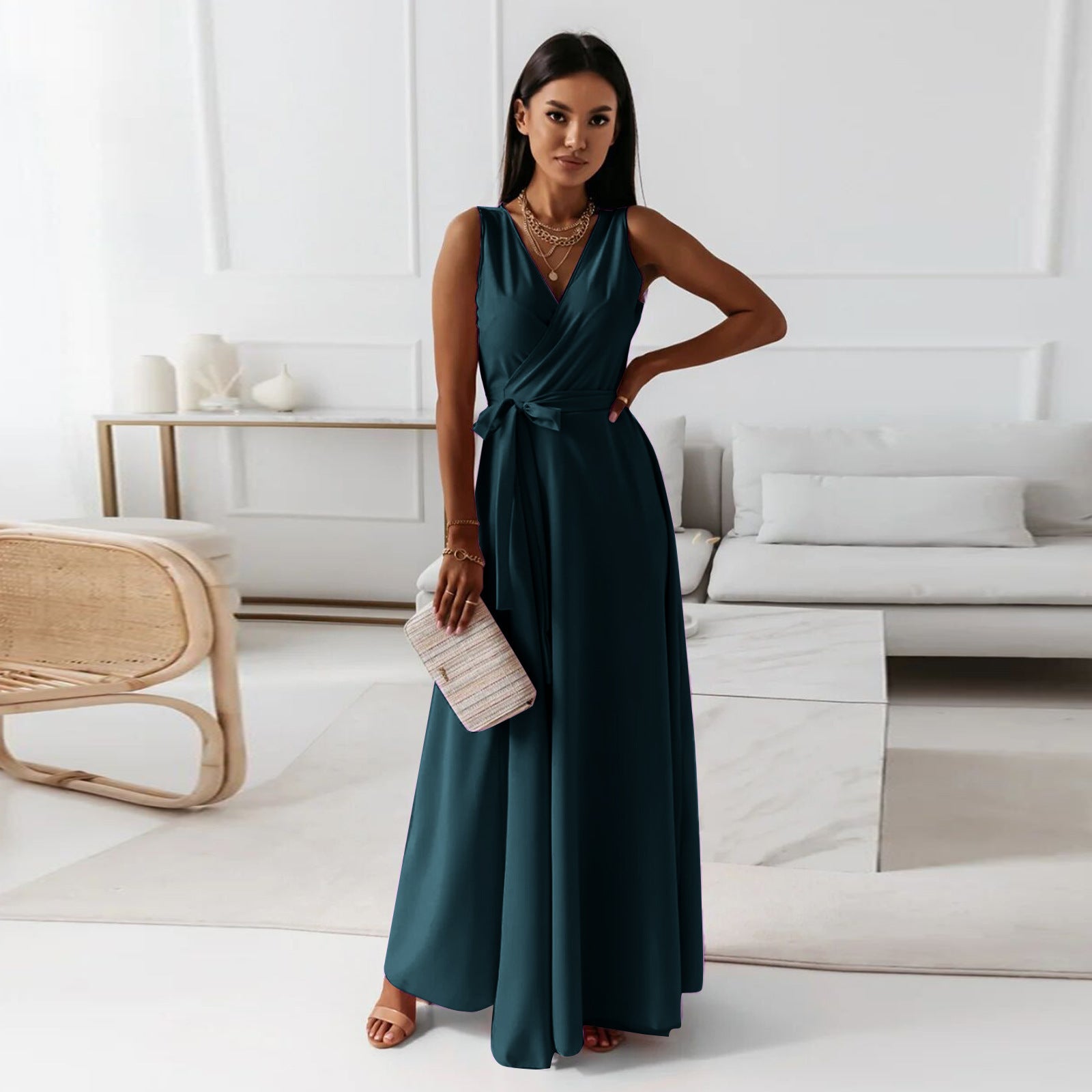 Damen Sommer Wickel Hochzeitsgast Maxikleid