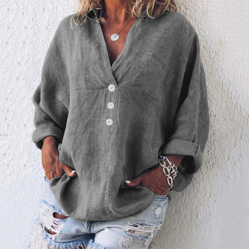 Damen Sommer Knopf V-Ausschnitt Leinen Bluse