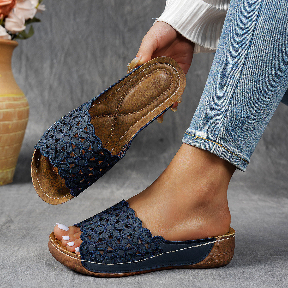 Damen Sommer Floral Pleateau Pantoletten