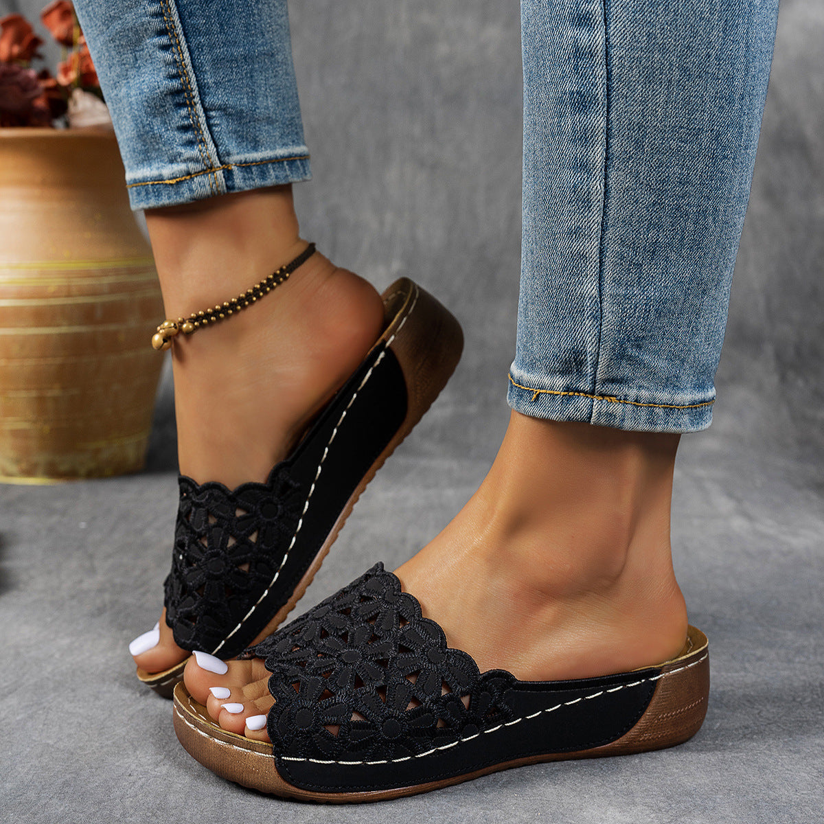 Damen Sommer Floral Pleateau Pantoletten