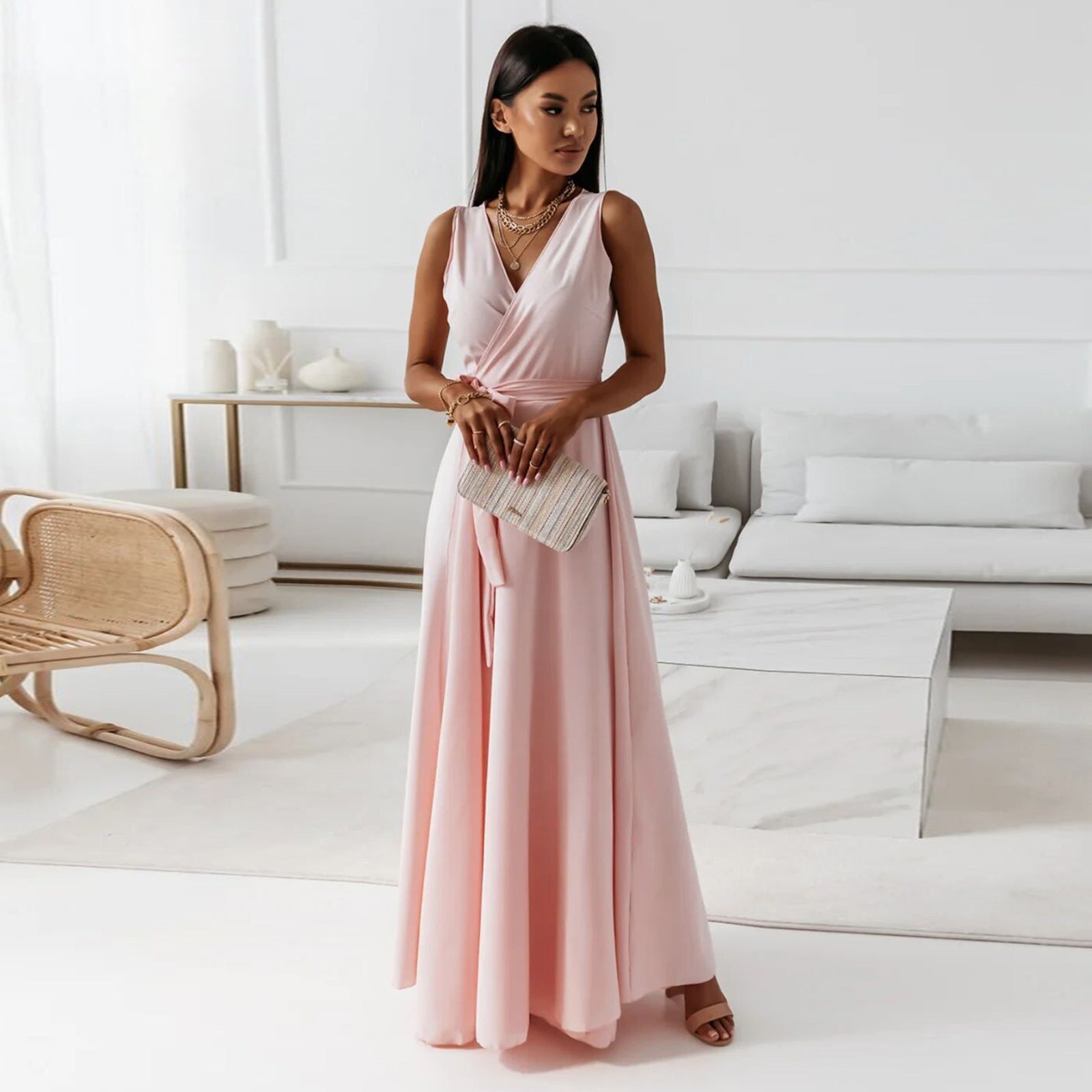 Damen Sommer Wickel Hochzeitsgast Maxikleid
