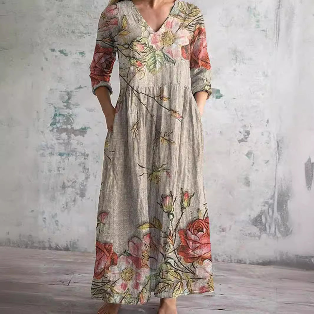 Damen Sommer V-Ausschnitt Midikleid