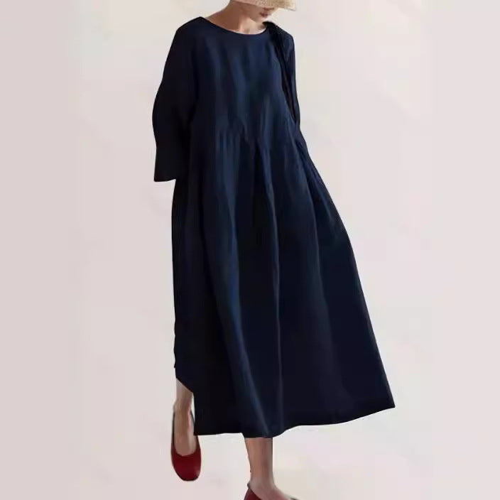 Damen Sommer Langarm Leinen Maxikleid