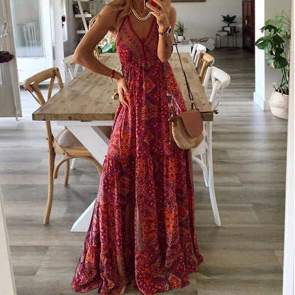 Damen Boho V-Ausschnitt Fließendes Maxi Kleid