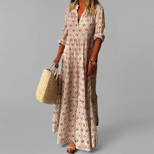 Damen Sommer  V-Ausschnitt 3/4 Ärmel Maxikleid