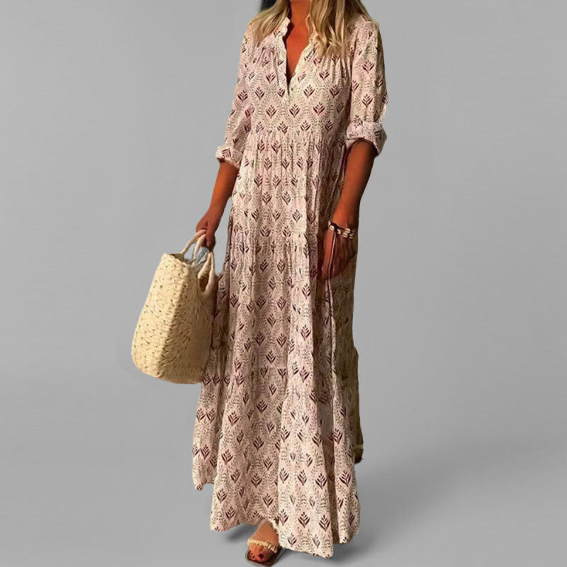 Damen Sommer  V-Ausschnitt 3/4 Ärmel Maxikleid