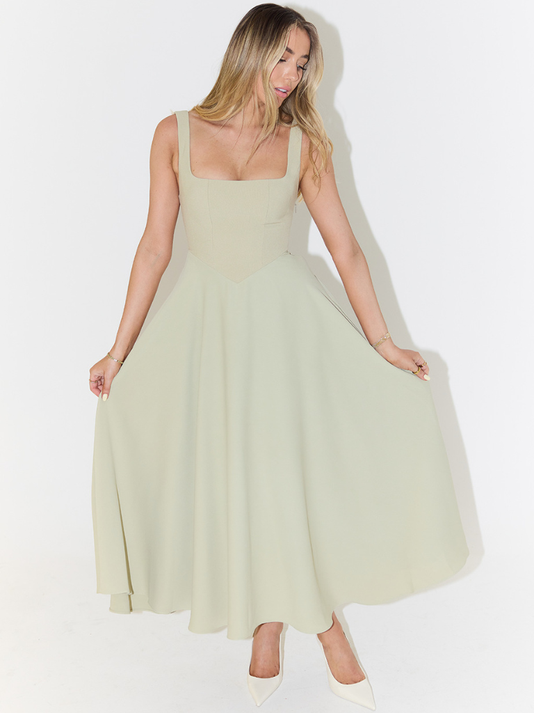 Damen Lässig Ärmelloses Square Neck Midikleid