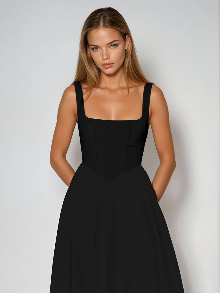 Damen Lässig Ärmelloses Square Neck Midikleid