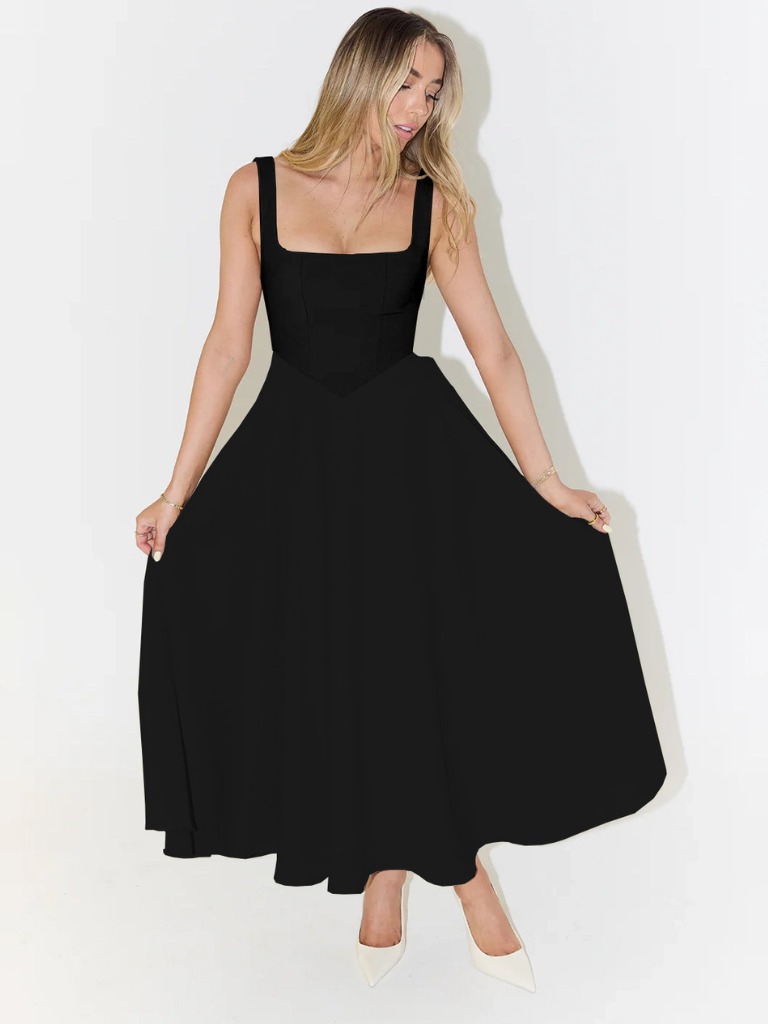 Damen Lässig Ärmelloses Square Neck Midikleid