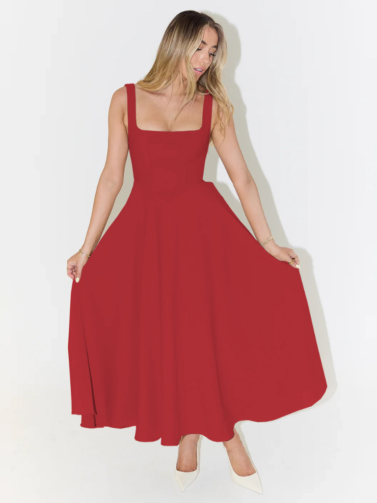 Damen Lässig Ärmelloses Square Neck Midikleid