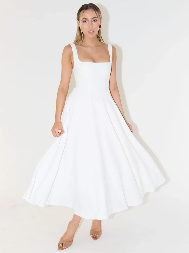 Damen Lässig Ärmelloses Square Neck Midikleid