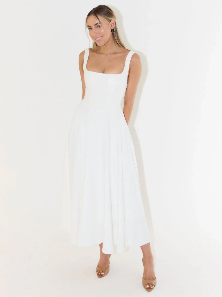 Damen Lässig Ärmelloses Square Neck Midikleid