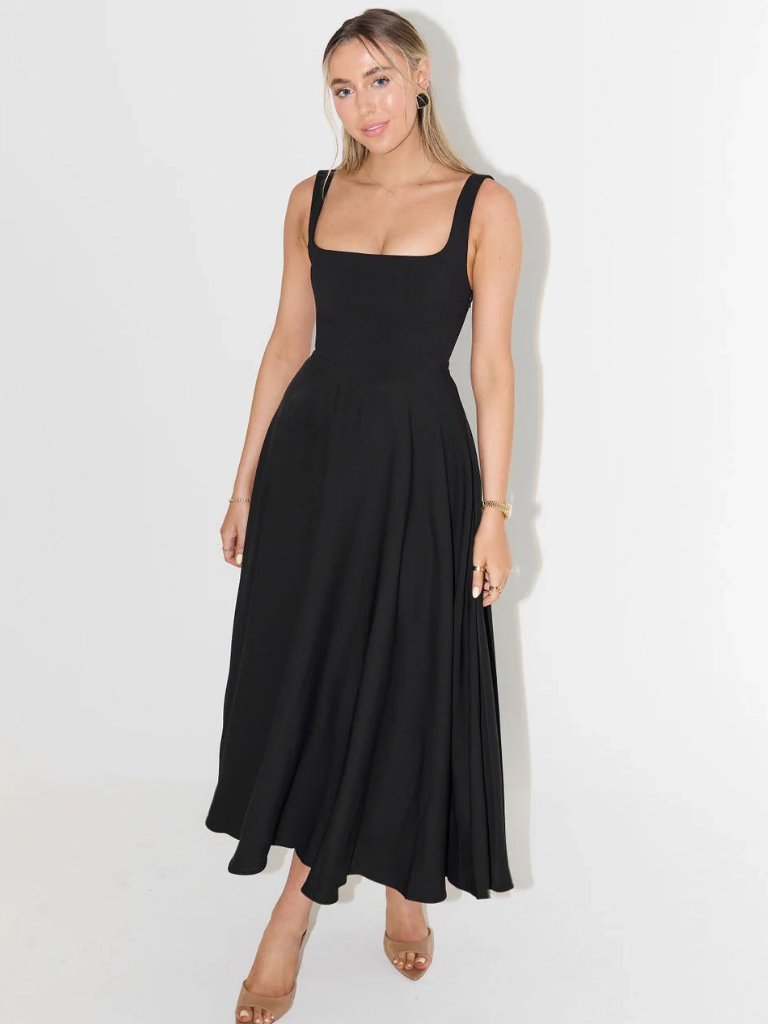Damen Lässig Ärmelloses Square Neck Midikleid