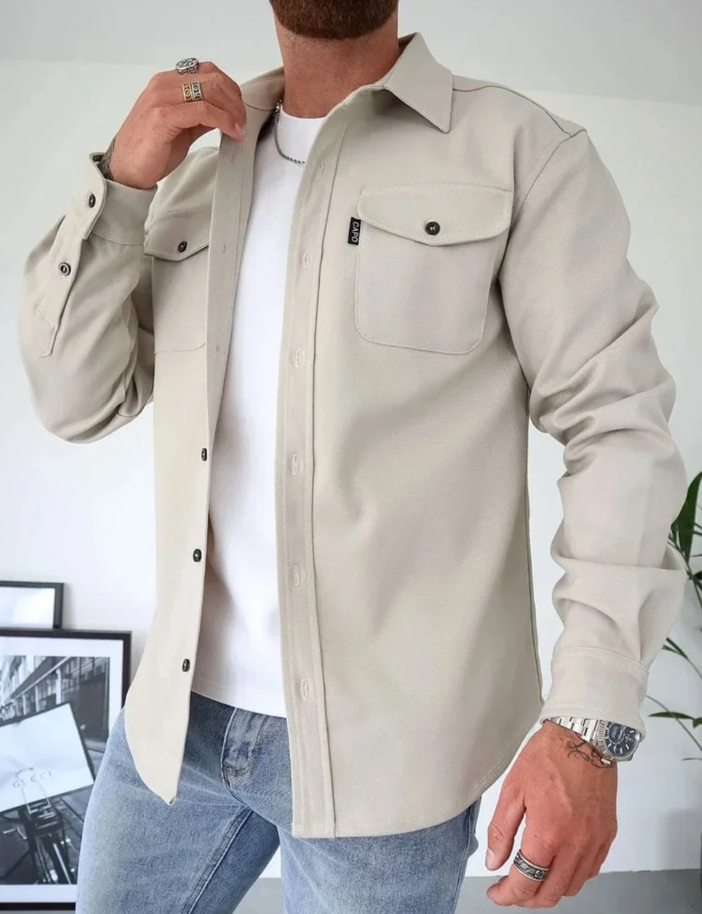 Herren Langarm Overshirt | Hemdjacke mit Knopfleiste und Brusttaschen