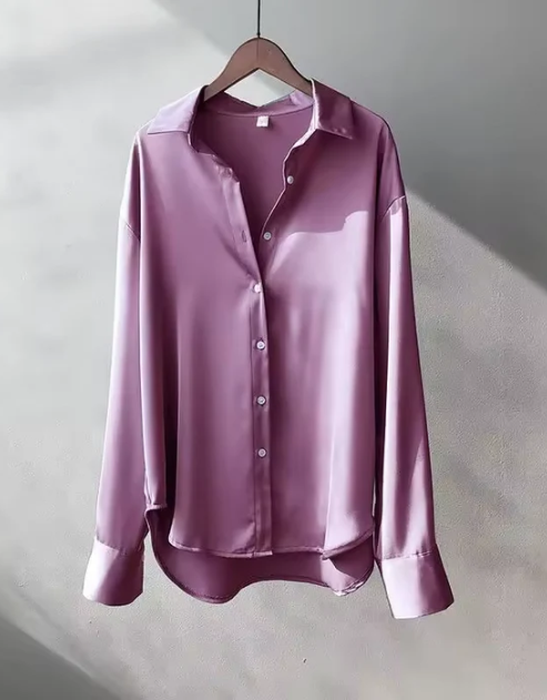 Damen Kragen Knopfleiste Satin Bluse