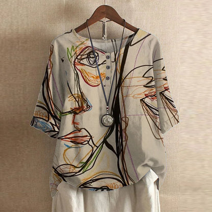 Damen Vintage Bedruckt Kurzarm Bluse