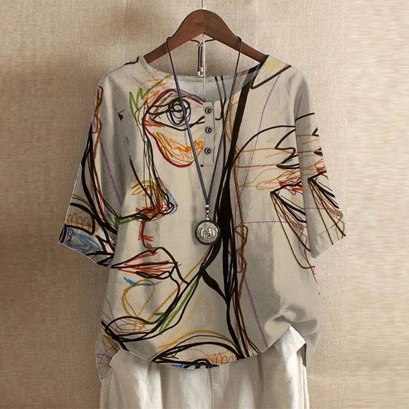 Damen Vintage Bedruckt Kurzarm Bluse
