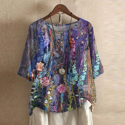 Damen Vintage Bedruckt Kurzarm Bluse