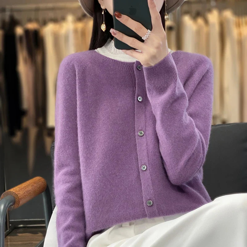 Damen Rundhals Knopfleiste Strick Cardigan