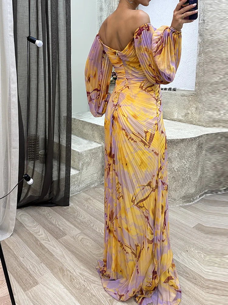 Damen Geblümtes V-Ausschnitt Langarm Maxi Sommerkleid