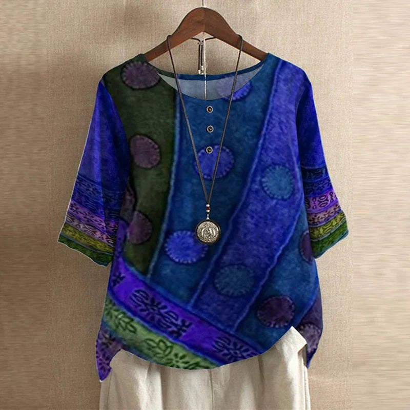 Damen Vintage Bedruckt Kurzarm Bluse