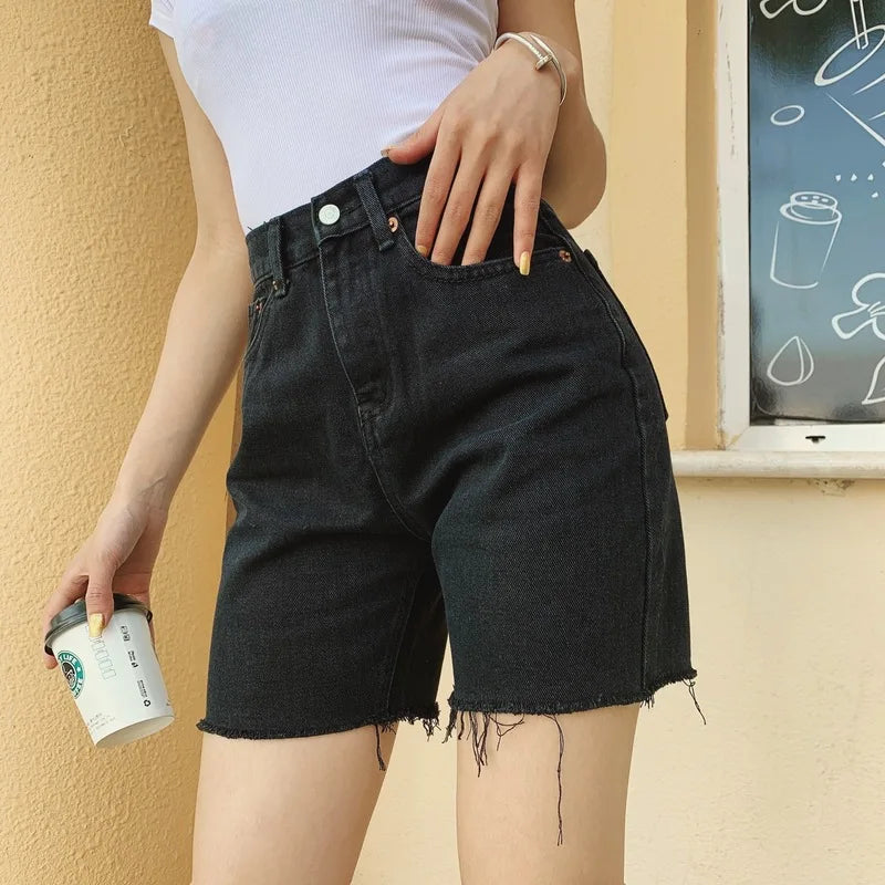 Damen Lässig Hohe Taille Rohsaum Jeans Shorts